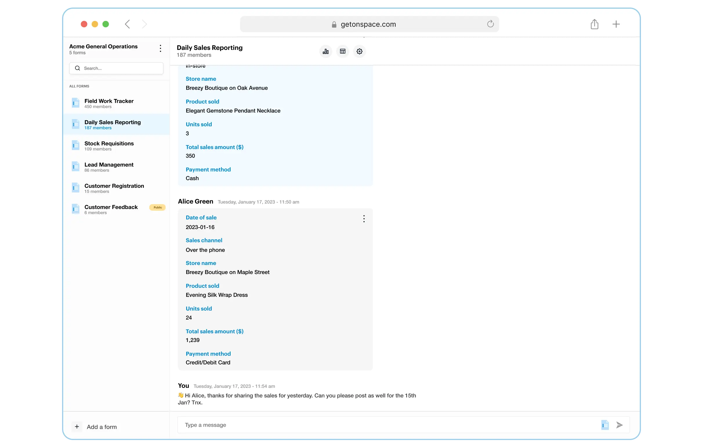 OnSpace form chat web interface